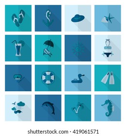 Summer and Beach Simple Flat Icons, Travel and Vacation. Vector