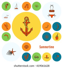 Summer and Beach Simple Flat Icons, Travel and Vacation. Vector