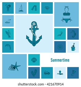 Summer and Beach Simple Flat Icons, Travel and Vacation. Vector