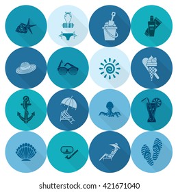 Summer and Beach Simple Flat Icons, Travel and Vacation. Vector