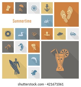 Summer and Beach Simple Flat Icons, Travel and Vacation. Vector