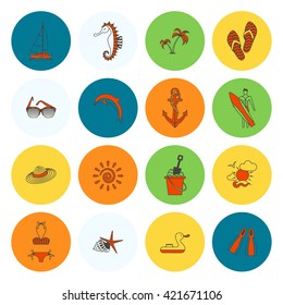 Summer and Beach Simple Flat Icons, Travel and Vacation. Vector