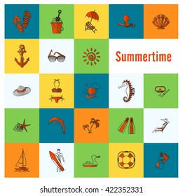 Summer and Beach Simple Flat Icons, Travel and Vacation. Vector