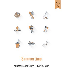 Summer and Beach Simple Flat Icons, Travel and Vacation. Vector