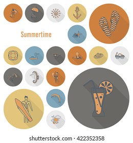 Summer and Beach Simple Flat Icons, Travel and Vacation. Vector