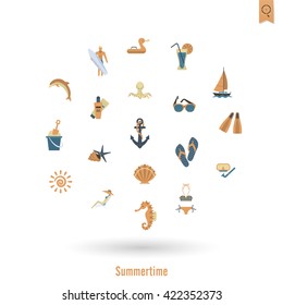 Summer and Beach Simple Flat Icons, Travel and Vacation. Vector