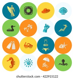 Summer and Beach Simple Flat Icons, Travel and Vacation. Vector