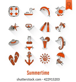 Summer and Beach Simple Flat Icons, Travel and Vacation. Vector
