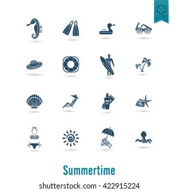 Summer and Beach Simple Flat Icons, Travel and Vacation. Vector