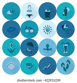 Summer and Beach Simple Flat Icons, Travel and Vacation. Vector