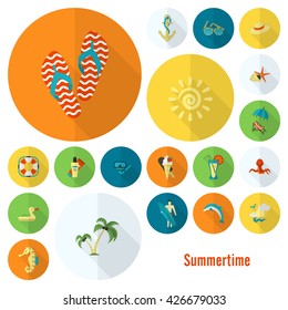 Summer and Beach Simple Flat Icons, Travel and Vacation. Vector