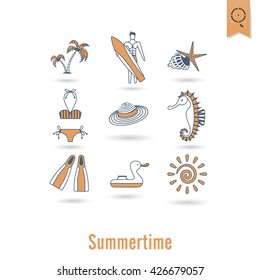 Summer and Beach Simple Flat Icons, Travel and Vacation. Vector