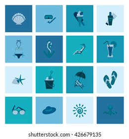 Summer and Beach Simple Flat Icons, Travel and Vacation. Vector