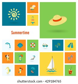 Summer and Beach Simple Flat Icons, Travel and Vacation. Vector