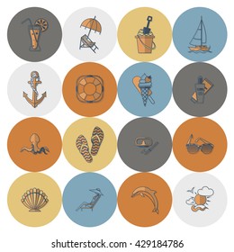 Summer and Beach Simple Flat Icons, Travel and Vacation. Vector
