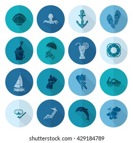 Summer and Beach Simple Flat Icons, Travel and Vacation. Vector