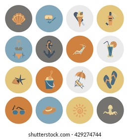 Summer and Beach Simple Flat Icons, Travel and Vacation. Vector