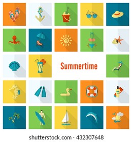 Summer and Beach Simple Flat Icons, Travel and Vacation. Vector