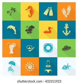 Summer and Beach Simple Flat Icons, Travel and Vacation. Vector