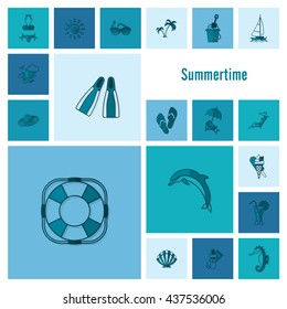 Summer and Beach Simple Flat Icons, Travel and Vacation. Vector