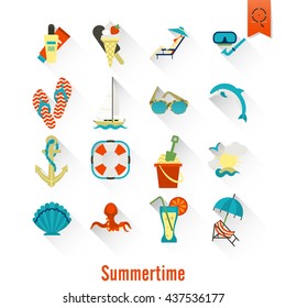 Summer and Beach Simple Flat Icons, Travel and Vacation. Vector