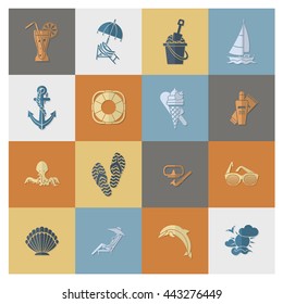 Summer and Beach Simple Flat Icons, Travel and Vacation. Vector