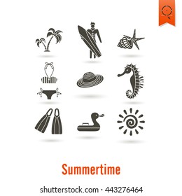 Summer and Beach Simple Flat Icons, Travel and Vacation. Vector