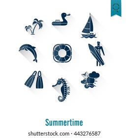 Summer and Beach Simple Flat Icons, Travel and Vacation. Vector