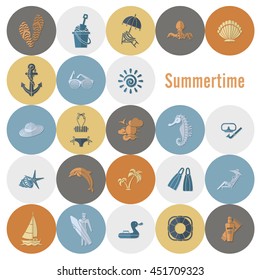 Summer and Beach Simple Flat Icons, Travel and Vacation. Vector