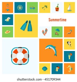 Summer and Beach Simple Flat Icons, Travel and Vacation. Vector