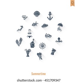 Summer and Beach Simple Flat Icons, Travel and Vacation. Vector