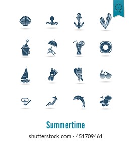 Summer and Beach Simple Flat Icons, Travel and Vacation. Vector