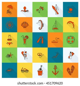 Summer and Beach Simple Flat Icons, Travel and Vacation. Vector