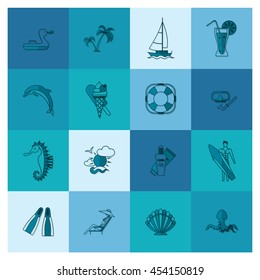 Summer and Beach Simple Flat Icons, Travel and Vacation. Vector