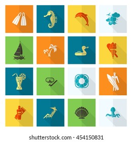 Summer and Beach Simple Flat Icons, Travel and Vacation. Vector