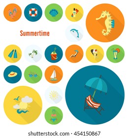 Summer and Beach Simple Flat Icons, Travel and Vacation. Vector