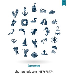 Summer and Beach Simple Flat Icons, Travel and Vacation. Vector