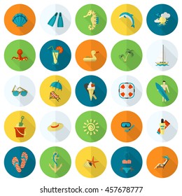 Summer and Beach Simple Flat Icons, Travel and Vacation. Vector