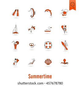 Summer and Beach Simple Flat Icons, Travel and Vacation. Vector