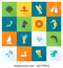 Summer and Beach Simple Flat Icons, Travel and Vacation. Vector