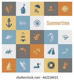Summer and Beach Simple Flat Icons, Travel and Vacation. Vector