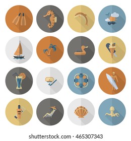 Summer and Beach Simple Flat Icons, Travel and Vacation. Vector