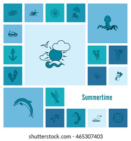Summer and Beach Simple Flat Icons, Travel and Vacation. Vector