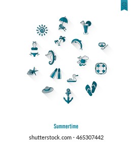 Summer and Beach Simple Flat Icons, Travel and Vacation. Vector