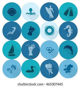 Summer and Beach Simple Flat Icons, Travel and Vacation. Vector