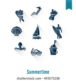 Summer and Beach Simple Flat Icons, Travel and Vacation. Vector