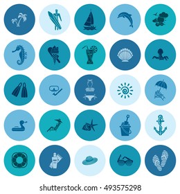 Summer and Beach Simple Flat Icons, Travel and Vacation. Vector