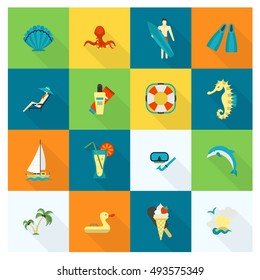 Summer and Beach Simple Flat Icons, Travel and Vacation. Vector
