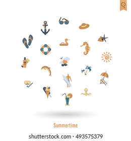 Summer and Beach Simple Flat Icons, Travel and Vacation. Vector