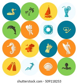 Summer and Beach Simple Flat Icons, Travel and Vacation. Vector
